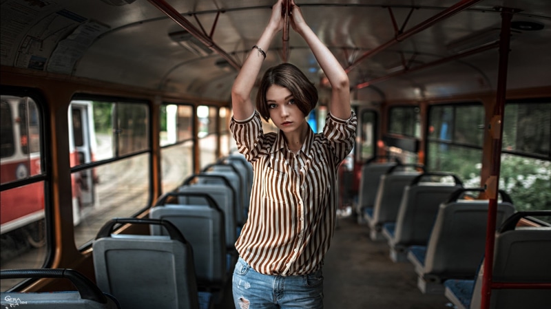 brunette, s, black, mode of transportation, model, one person, standing, leaving, young women, torn jeans, 1080P, transportation, pinstriped, waiting