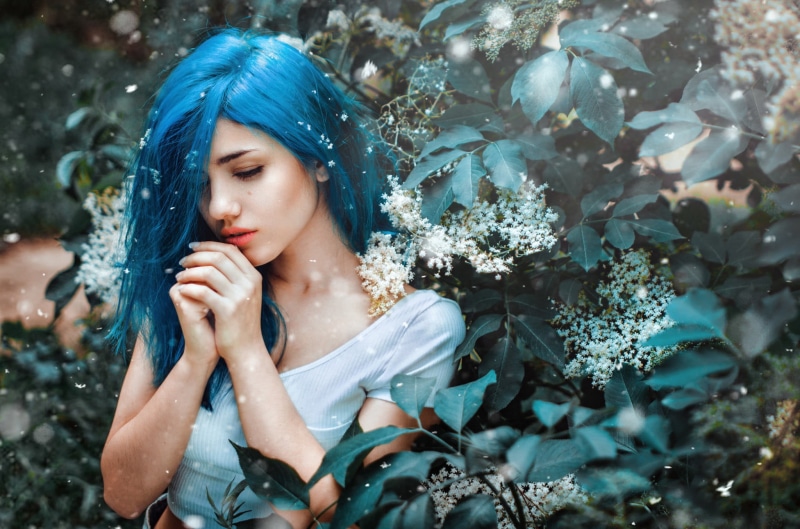 beautiful woman, flowers, looking, model, plant, long hair, clothing, beauty, young adult, young women, dyed hair, top, scoop, 1080P, adult, hairstyle