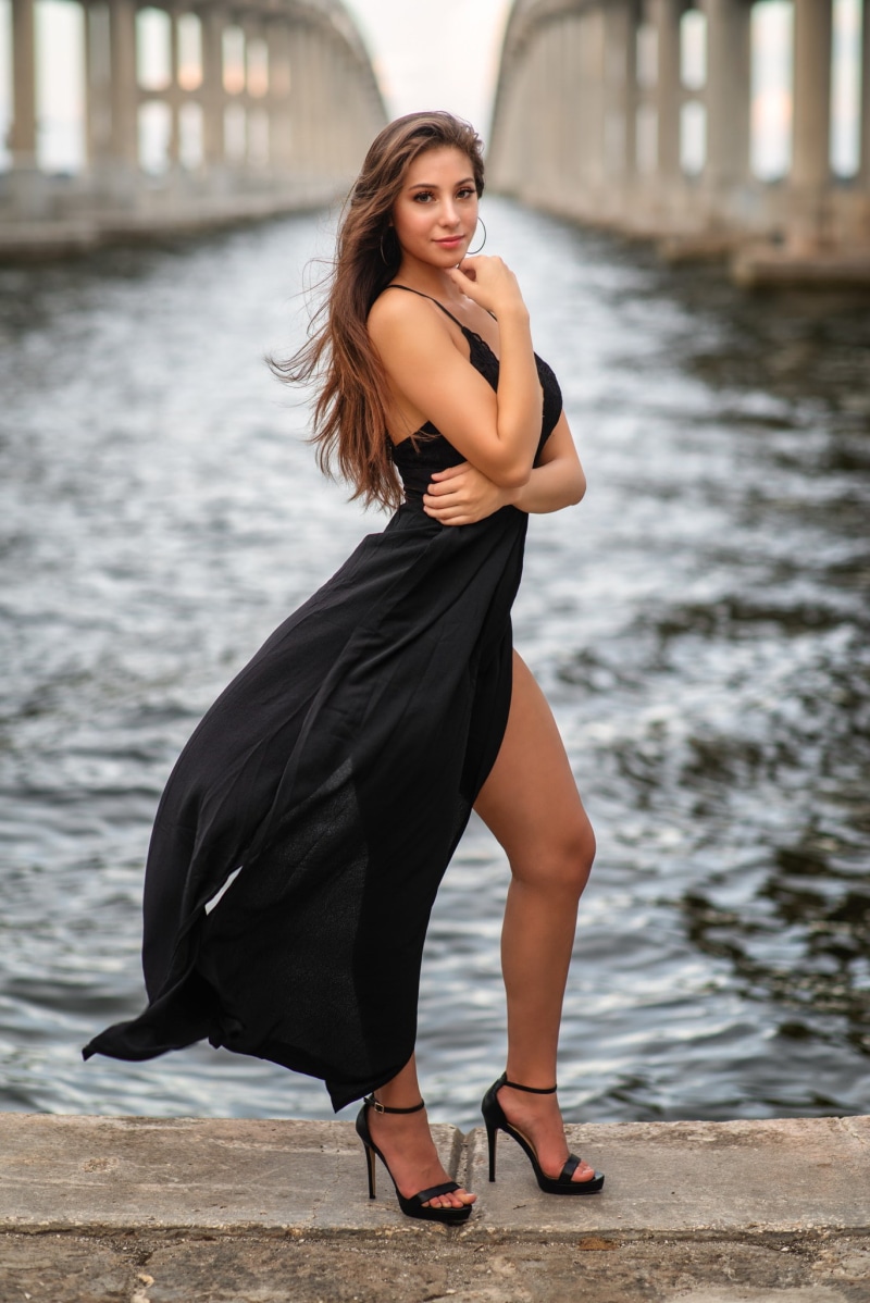 wind, adult, portrait display, looking at viewer, 1080P, fashion, hair, brunette, beauty, evening gown, outdoors, water, women, one person, women outdoors