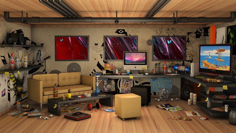 internet, wall, table, chair, technology, music, office, ceiling, creativity, 3d, lifestyle, lifestyles, messy, lamp, laptop, life, indoors, computer, modern