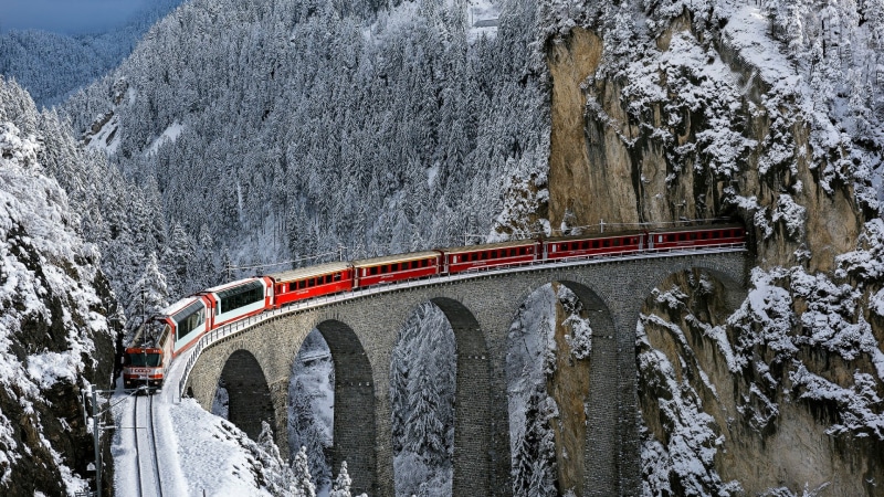 devils bridge, rhaetian railway, railway viaduct, mountain range, 1080P, railway, switzerland, landwasserviadukt, bridge, track, winter, viaduct, landwasser viaduct