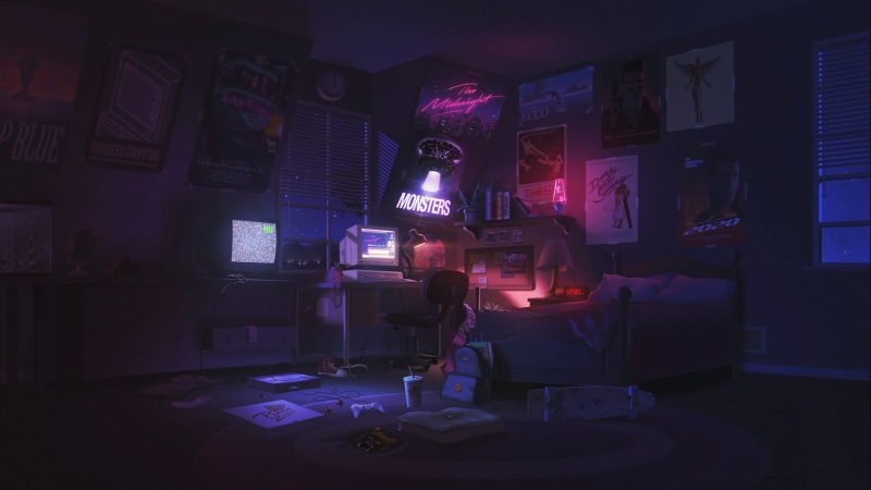 4K, CRT, desk lamp, backpacks, The Midnight Monsters, bed, Film posters, TV, pizza, PlayStation, computer, CRT Monitor, desk, game posters, skateboard