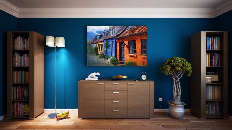 wall, furniture, apartment, turned, publication, decoration, television, plant, architecture, wood - material, flooring, domestic room, screen, shelf, bookshelf