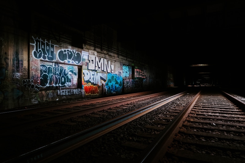 no people, track, trail, urban, train track, street art, indoors, communication, wall, night, public transportation, nyc, transportation, rail transportation
