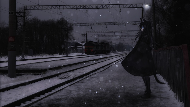 dark, railway, snow, 2K, urban, anime girls, train, anime