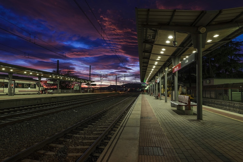 built structure, illuminated, bench, outdoors, railroad track, transportation, train station, 720P, gray, railroad station platform, lighting equipment