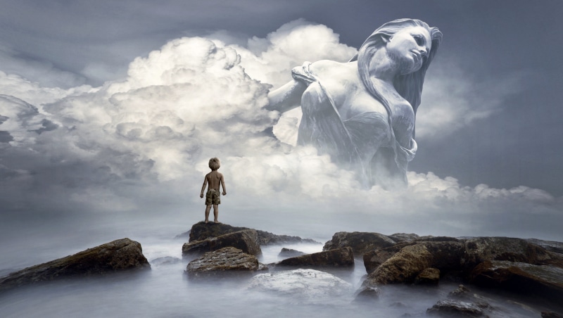 standing, conquering adversity, sea, environment, figure, light, women, stones, landscape, rock - object, rock, fantastic, photomontage, water, fairy tales