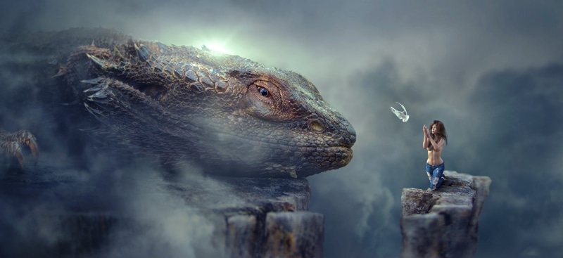 sage, gloomy, surreal, 5K, side view, dragons, haze, discovery, rock, photomontage, fantastic, water, atmosphere, woman, looking, communication, young adult
