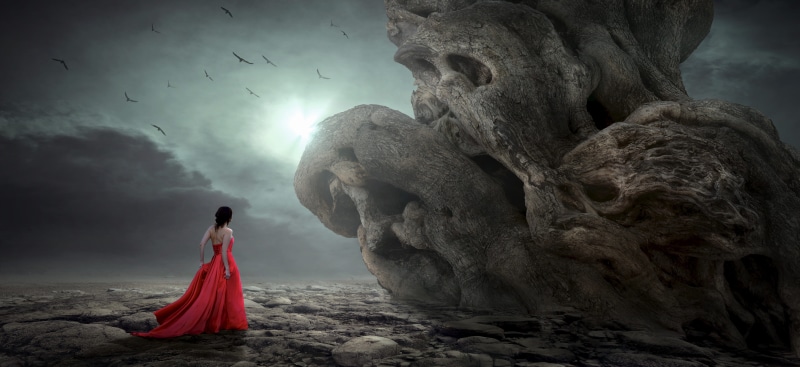 fantasy, magical, cloud - sky, atmosphere, adult, standing, moon, light, root, wood, one person, girl, women, full length, creepy, sky, woman, dream, dress