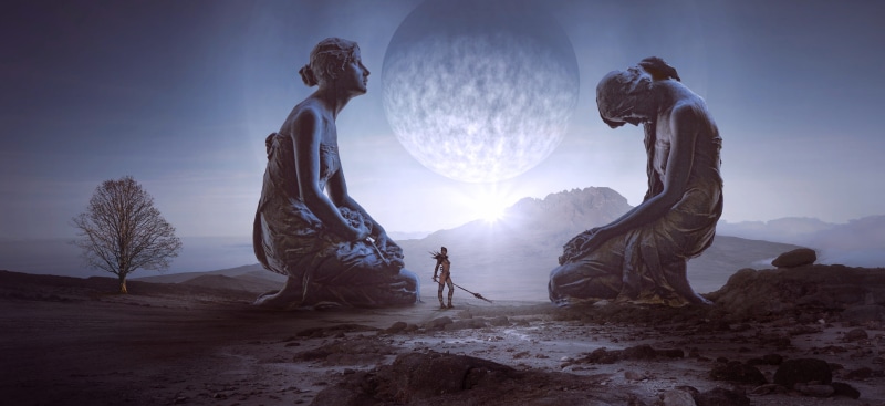 drama, standing, photomontage, figures, contrast, tree, adult, land, atmosphere, girl, rock - object, magic, environment, fairy tales, beauty in nature