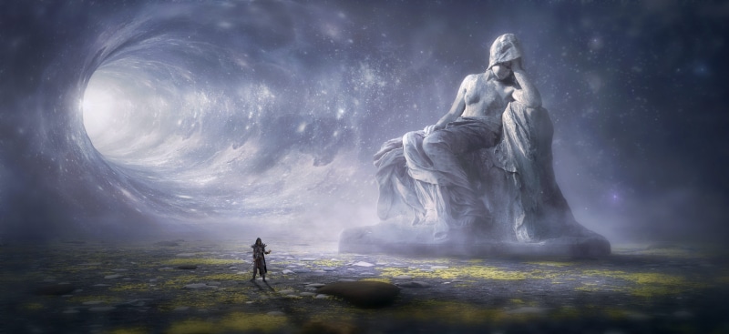 composing, rays, sad, nature, lighting, sculpture, magic, environment, water, thoughtful, fantastic, cloud - sky, statue, 5K, fog, dark, adult, human