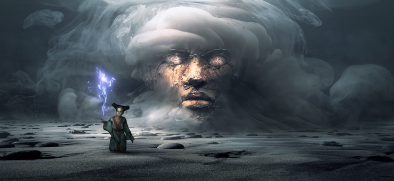 architecture, headwear, creepy, girl, full length, fairy tales, power in nature, motion, adult, fantastic, one person, night, clothing, fog, photomontage