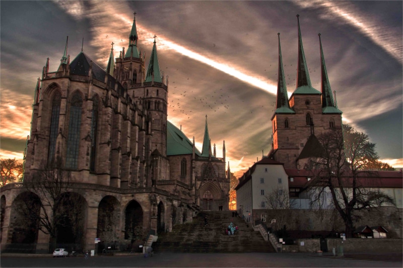 photomontage, building, spires, 4K, cloud - sky, history, erfurt, city, nature, built structure, building exterior, assembly, travel destinations, architecture