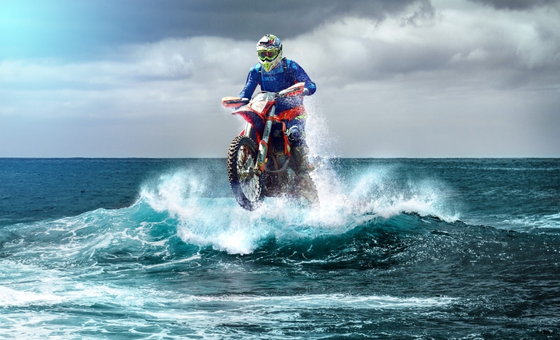 1080P, photomontage, amphibians motorcycle, activity, body, splashing, terrain, head, image overlay, Surfers, riding, mature, dirt bike, human, bike, fun