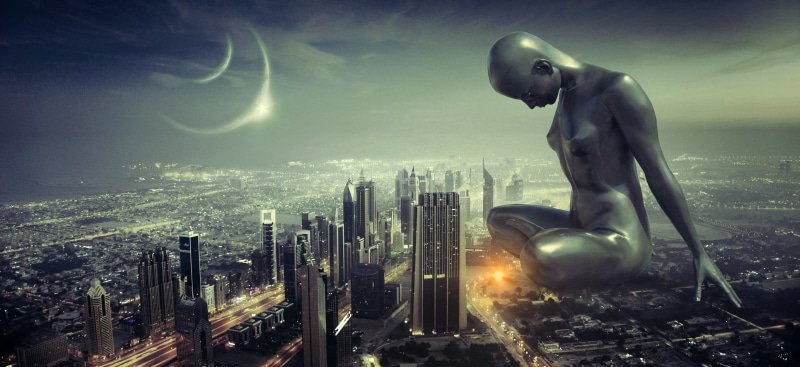 composing, mysterious, skyscraper, technology, monument, modern, dusk, outdoors, moon, scifi, nature, magic, building, dramatic, female, dark, sky, gloomy