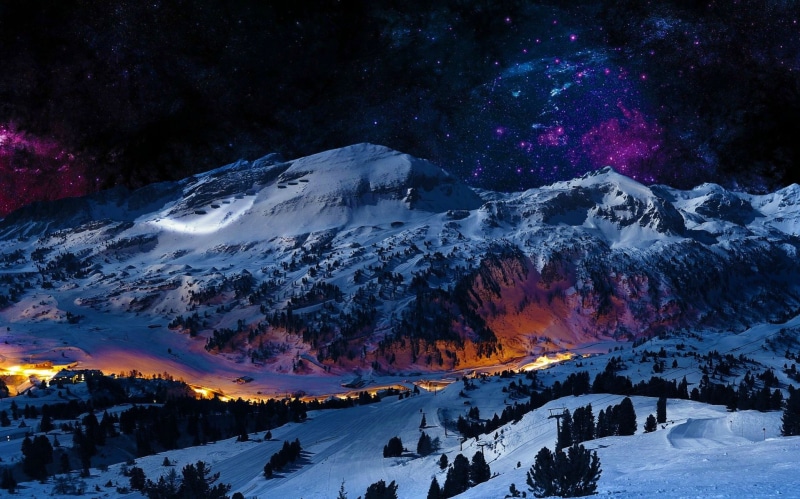 mountain peak, non-urban scene, snowcapped mountain, outdoors, night, photomontage, tranquil scene, scenics - nature, beauty in nature, black, snow, space art