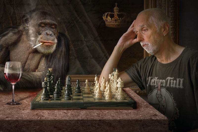 table, game, board game, waist up, challenge, sitting, chess pieces, fantasy picture, chess board, man, monkey, mature men, mature adult, indoors, think