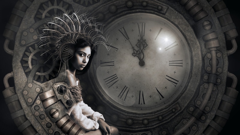 surreal, gears, composing, history, one person, woman, device, young women, mystical, beauty, time, photomontage, girl, beautiful woman, magic, looking