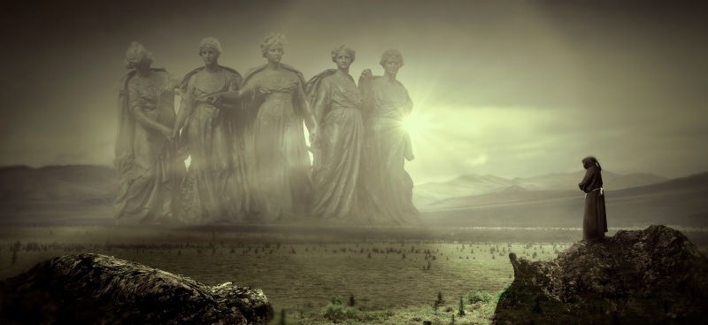 landscape, male likeness, atmosphere, belief, art and craft, water, sculpture, surreal, human, female likeness, figures, faith, monk, solid, nature, magic