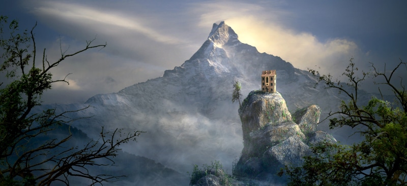 atmospheric, fog, distant view, haze, sky, clouds, romantic, religion, mysterious, landscape, scenics - nature, mountains, plant, light, photomontage, idyllic