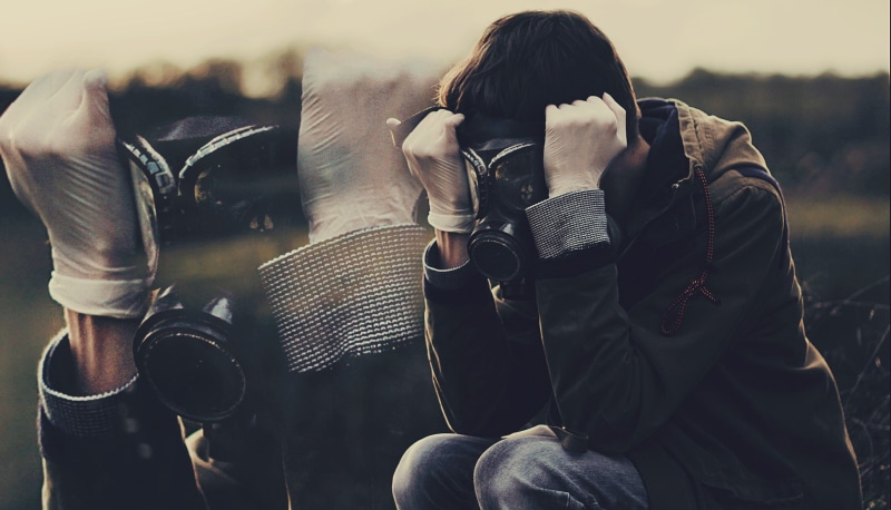 2K, photomontage, men, gas masks, outdoors, apocalyptic