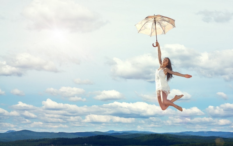 photomontage, mid-air, young adult, outdoors, casual clothing, nature, brunette, flying, beauty in nature, day, women, jumping, real people, freedom, arms raised