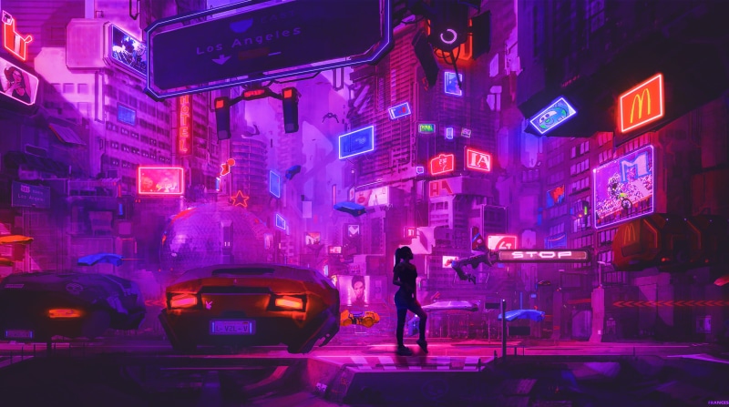 photomontage, neon, women, car, 4K, futura ciudad