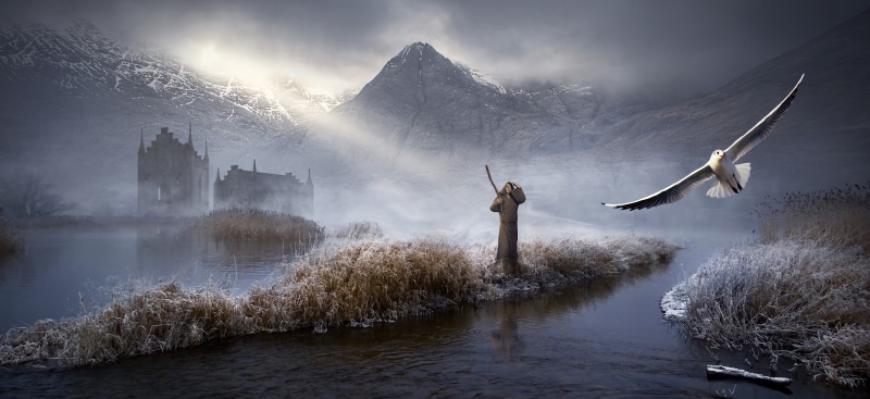 sky, water, winter, animal, dream, fog, fantastic, outdoors, rays, 5K, mountains, fantasy, fairy tales, castle, cloud - sky, lake, architecture, magical
