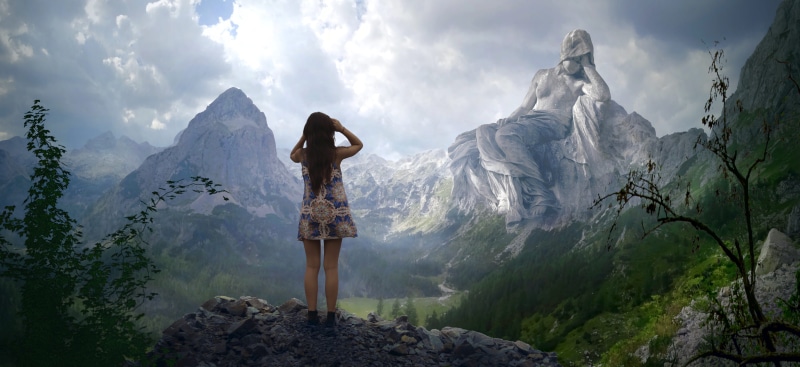 rock, magic, romantic, human arm, stone, young adult, landscape, 5K, scenics - nature, sky, composing, statue, fantastic, forest, women, mountain, mountain range