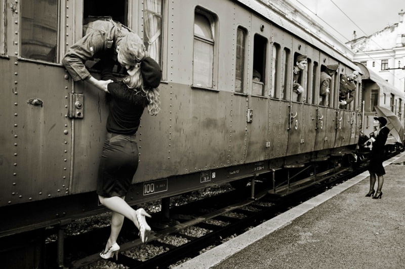 women, love, transportation, high heels, lifestyles, vintage, real people, couple, romantic, hairstyle, public transportation, leisure activity, railway