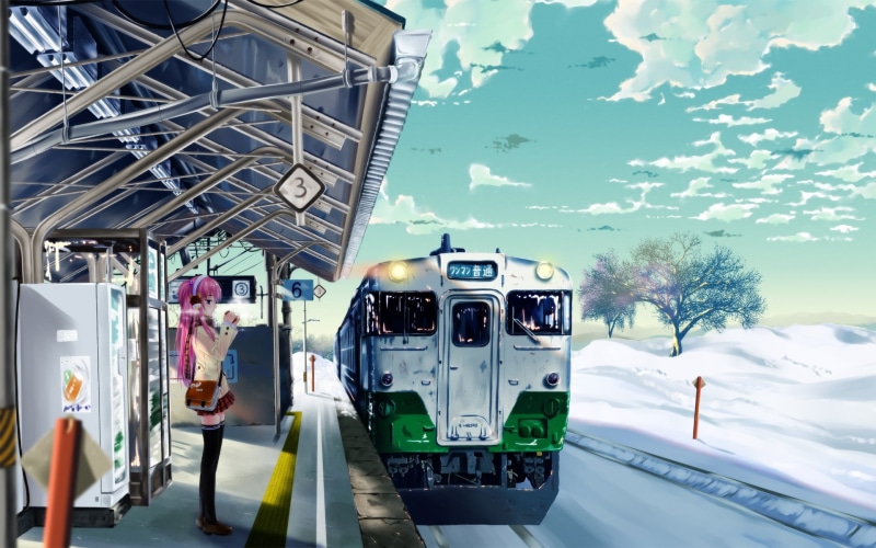 1080P, haired, mode of transportation, women, cold temperature, transportation, anime girls, sky, train, pink, artwork, winter, public transportation