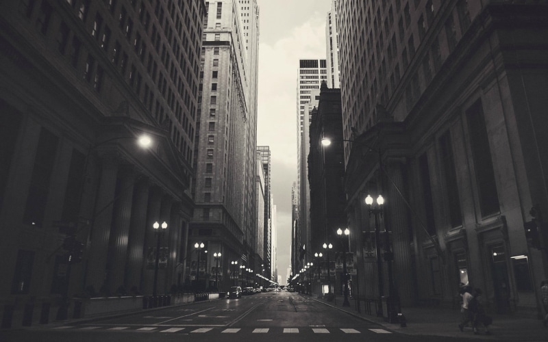 dark, photography, financial District, the way forward, city, new York State, diminishing perspective, modern, black And White, urban Scene, building, road