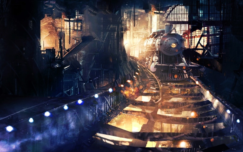 architecture, fuel and power generation, train, no people, indoors, black, illuminated, fantasy art, equipment, industrial equipment, digital art, industry