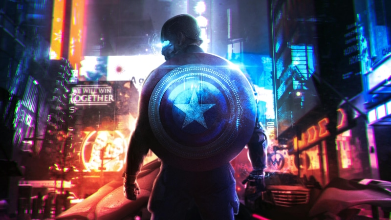 shield, architecture, Steve Rogers, cyber, city lights, comics, neon, cyan, Marvel Comics, Marvel Cinematic Universe, The Avengers, lights, Dark Cyberpunk