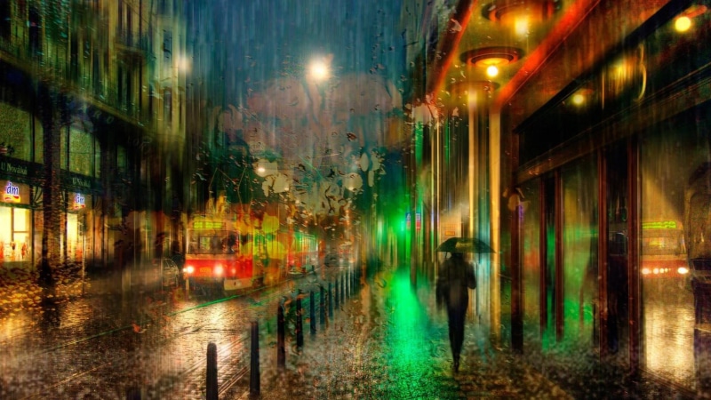 alley, tram, water, 1080P, spooky, blurred motion, reflection, rain, the way forward, city life, building exterior, nightlife, city, urban area, illuminated