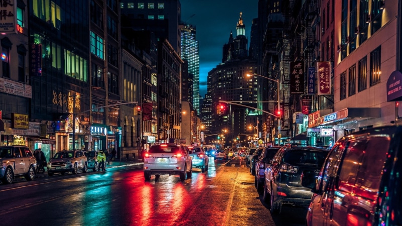 1080P, traffic, evening, city lights, cityscape, chinatown, street, new york, new york city, usa, metropolitan area, manhattan, night, united states, metropolis