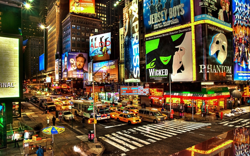 Night, Shops, Times, Street, Lights, USA, New, York, Square, 2K