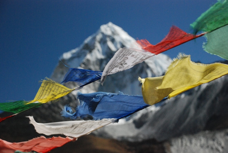 plant part, outdoors, no people, flag, blue, leaf, mountain range, nature, multi colored, wind, tibetan flags, maple leaf, day, environment, paper, 4K
