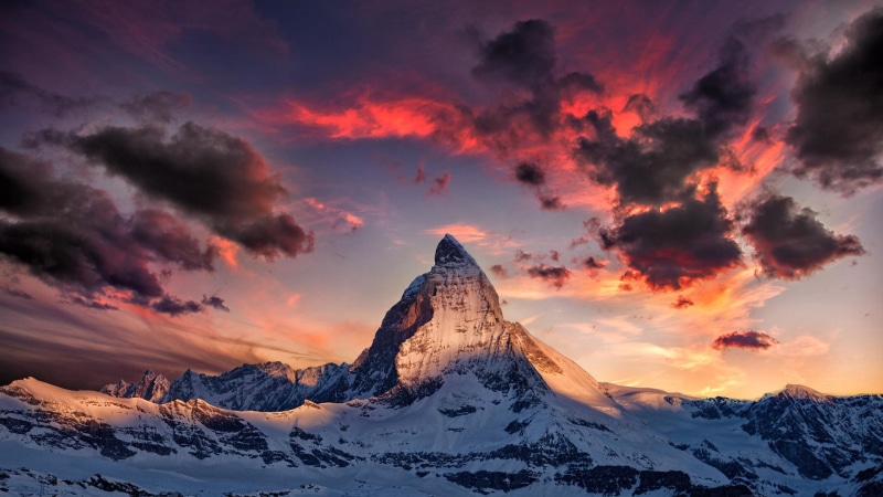 dramatic sky, mountain peak, nature, winter, capped, sunset, cloud - sky, landscape, Matterhorn, scenics - nature, travel destinations, mountains, sky