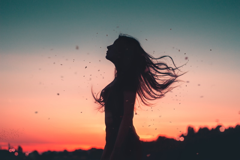 pretty, outdoors, 5K, side view, standing, nature, one person, silhouette, girl, woman, people, women, lifestyles, wind, leisure activity, orange color