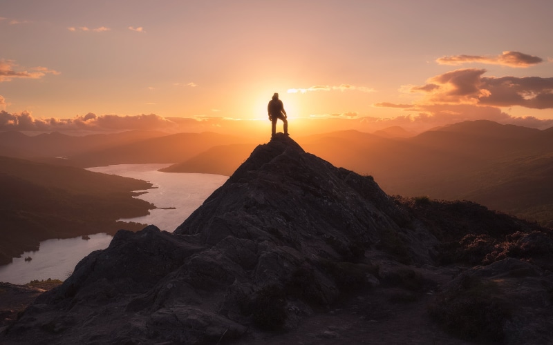 outdoors, Loch Katrine, mountain Peak, Arrochar Alps, hiking, man, Trossachs, f4, hour, sky, silhouette, 35mm, golden, mountain, adventure, golden hour