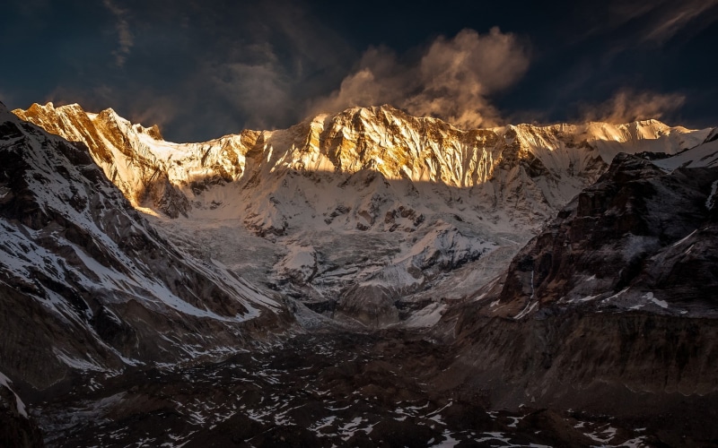 nature, sunrise, mountains, snow, nepal, landscapes, annapurna, shadows, himalayas, 1080P