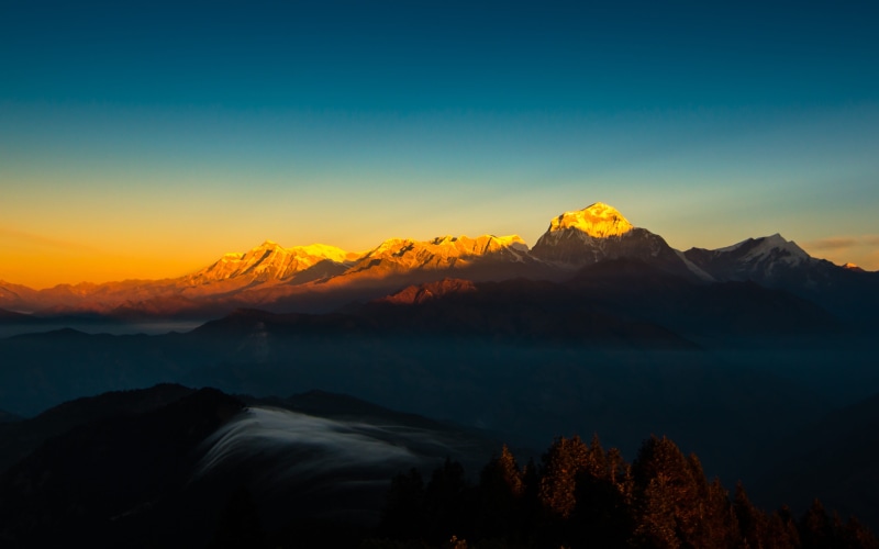 no people, tranquil scene, snowcapped mountain, scenics - nature, 4K, sunset, trekking, clouds, lake, himalayas, environment, mountain range, annapurna