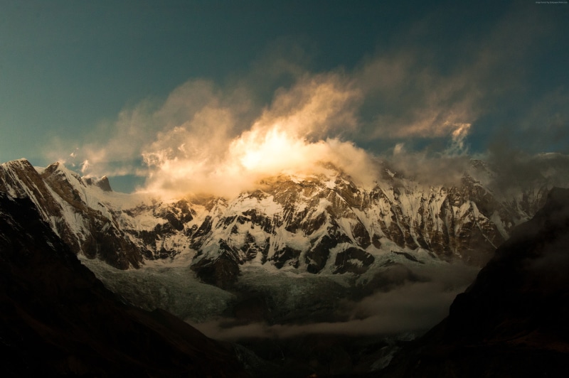 4k, Himalayas, 5k, sunset, Annapurna, clouds, mountain, 4K, Nepal