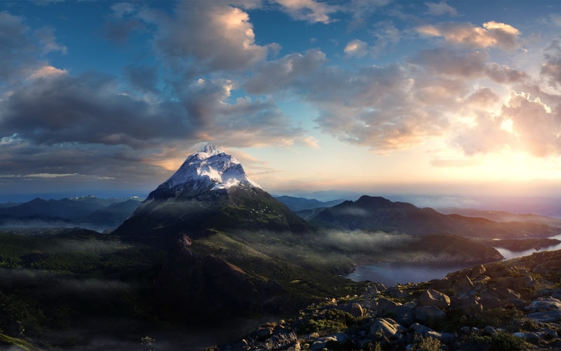 cloudy, europe, non-urban scene, travel Destinations, clouds, sun, majestic, landscape, mountain Peak, famous Place, tourism, tranquility, lake, tranquil scene