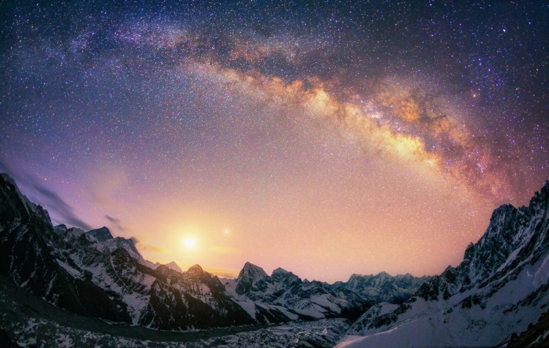 720P, snow, Milky Way, idyllic, tranquility, cold temperature, Himalayas, sky, landscape, environment, majestic, Nepal, astronomy, nature, galaxy, beauty in nature