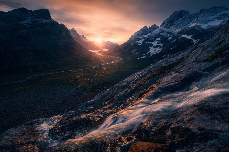mountain range, land, covered, sunlight, mountains, mountain, no people, beauty in nature, snow, rock, cloud - sky, creeks, water, 1080P, environment