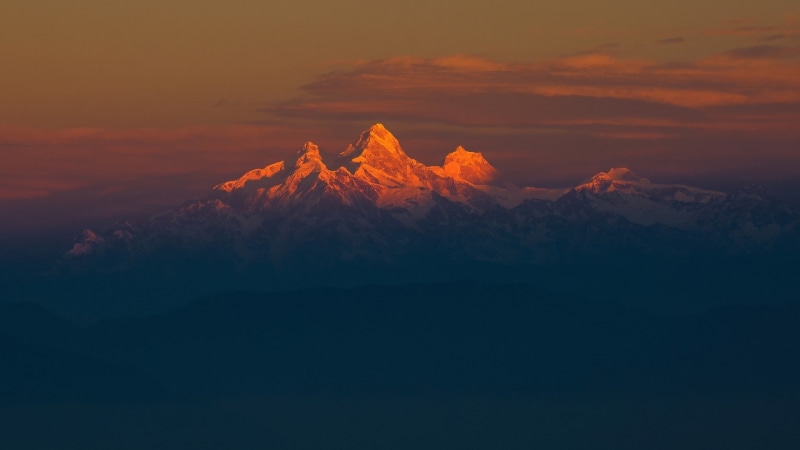 filter, hills, mountains, nature, landscape, sky, Himalayas, clouds, sunset, silhouette, minimalism, snowy peak, 1080P