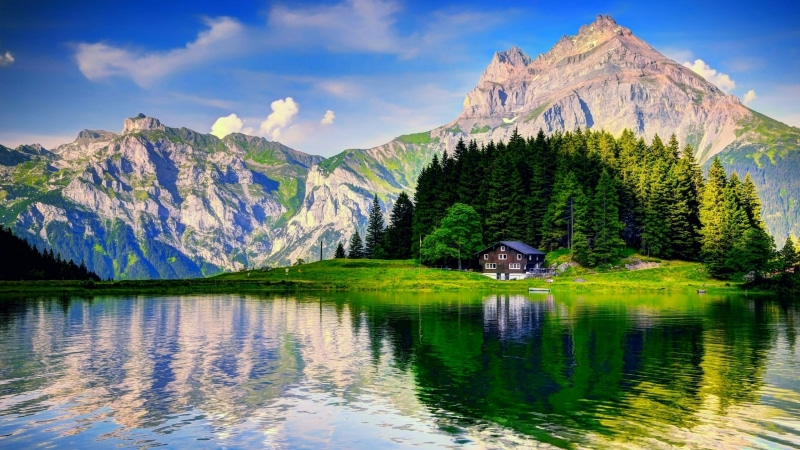 sky, mountainous landforms, mountain, highland, mountain range, reflection, nature reserve, nature, water, switzerland, lake, swiss alps, bank, 4K, mount scenery
