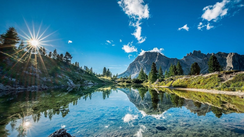 1080P, bank, daytime, mount scenery, watercourse, water, wilderness, mountain, tree, lake, mountainous landforms, sky, reflection, alps, nature, mountain
